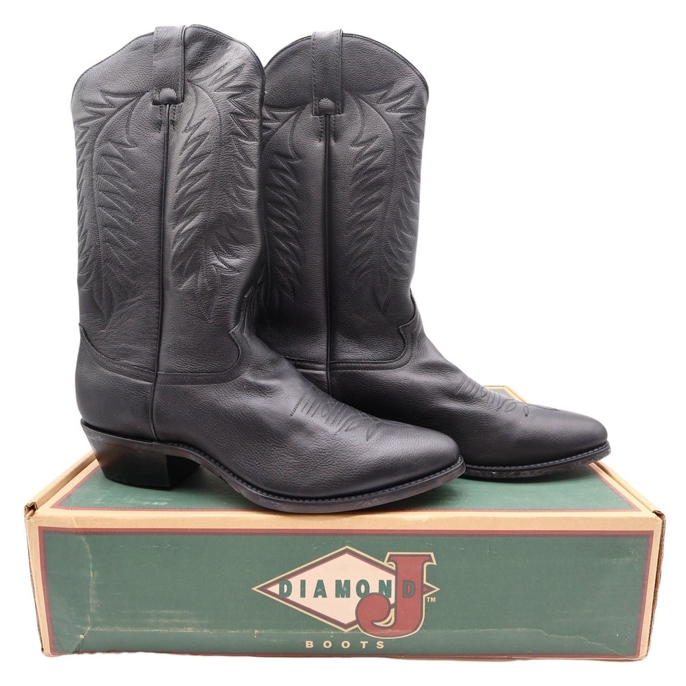 Diamond J Western Cowboy Boots Mens 11 Black Deertan Leather Excellent